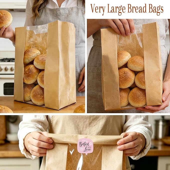 Extra Large Paper Bread Bags for Homemade Bread with Window & Sticker for XL Sourdough Breads, Round Loaf, Baked Goods, Oval Loaves, Brown Kraft - 45 Pcs 16x10x5 Inch