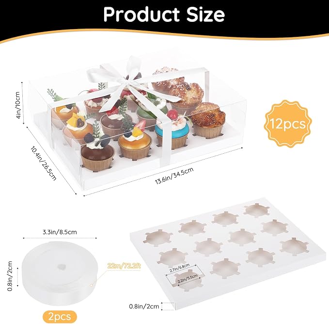 EUSOAR Cupcake Boxes 12 Count, 12 Pack White Bakery Cookies Pastry Containers with Gift Ribbon, Rectangle Treat Dessert Muffins Holder Disposable Mini Cake Carrier for Wedding Party Favor Decor