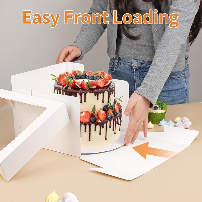 WINKIO Cake Box with Cake Boards, 10 Pack Disposable Cake Carrier, Cakes Transport Container, White Bakery Holder with Window (10, white, 10x10x8 Inches)