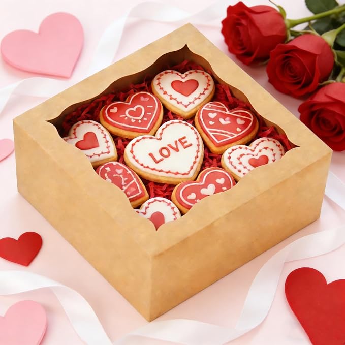 XINHPKGG 20 Pack Cookie Boxes 6x6x3 Inch Bakery Boxes with Window Treat Box Dessert Box for Macaron Mini Cake Chocolate Covered Strawberries Pastry -Brown