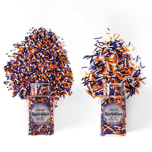 Edible Halloween Sprinkles for Cake Decorating, Halloween Jimmies Sprinkle, Nonpareils Sprinkle, White, Orange, Purple, and Black Sprinkles for Cupcakes, Macarons, Ice Cream, and Cookies