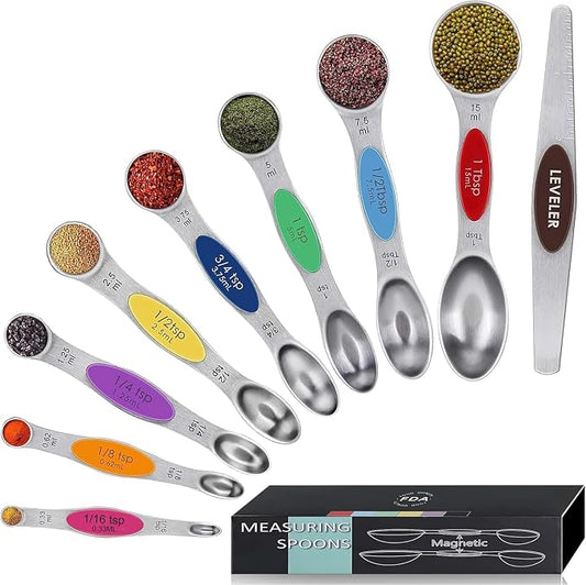 Magnetic Measuring Spoons Set,Heavy Duty Stainless Steel,Dual Sided Stackable Measuring Spoons Nesting Teaspoons Tablespoons for Measuring Dry and Liquid Ingredients,Set of 9 (Colorful)
