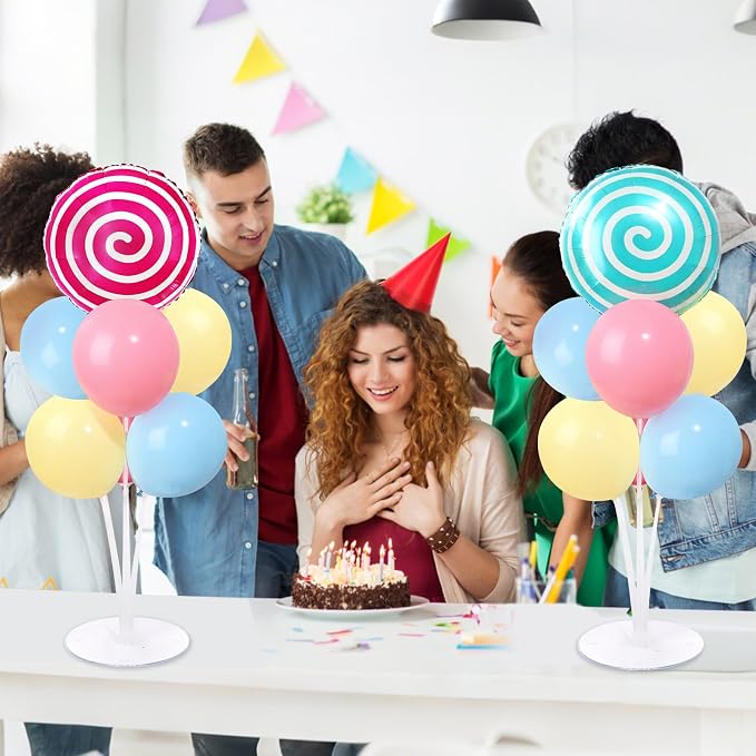 4 Sets Pastel Sweet Candy Theme Party Balloons Stand Kit with Lollipop Candies Foil Balloons Party Balloon Centerpiece for Tables for Candy World Birthday Party Candies Themed Decoration