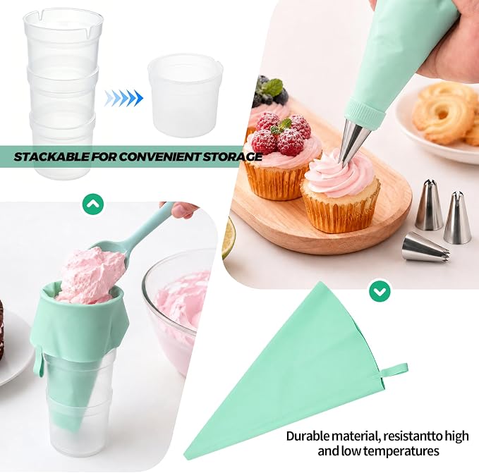 Piping Bag Holder, Plastic Cream Icing Bag Stand With 2 Reusable Silicone Icing Pouches, 6 Tips, 2 Couplers, 3 Cake Spatulas, 2 Tie Straps - Stackable For Cake Decorating And Cream Filling