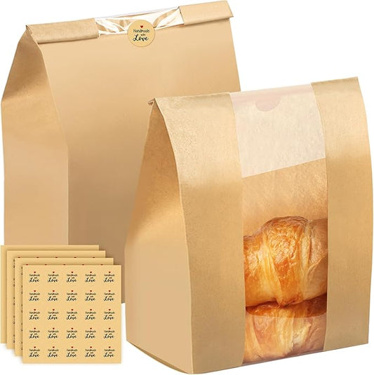 100PCS Paper Bread Bags for Homemade Breads 16×10×5 inch Sourdough Bread Bags with 100 Stickers Kraft Paper Breads Bag with Clear Window for Cookie Bakery Bag