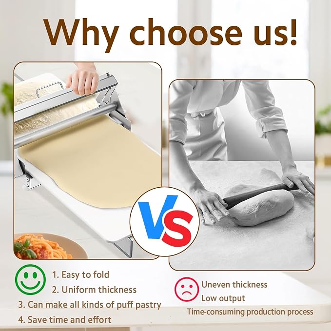 Manual Dough Sheeter Machine for Home & Commercial Use – Versatile Dough Roller Machine with Adjustable Thickness, Foldable Stainless Steel Sheeter for Pizza, Bread, Pastry & Fondant(Type-15.5")