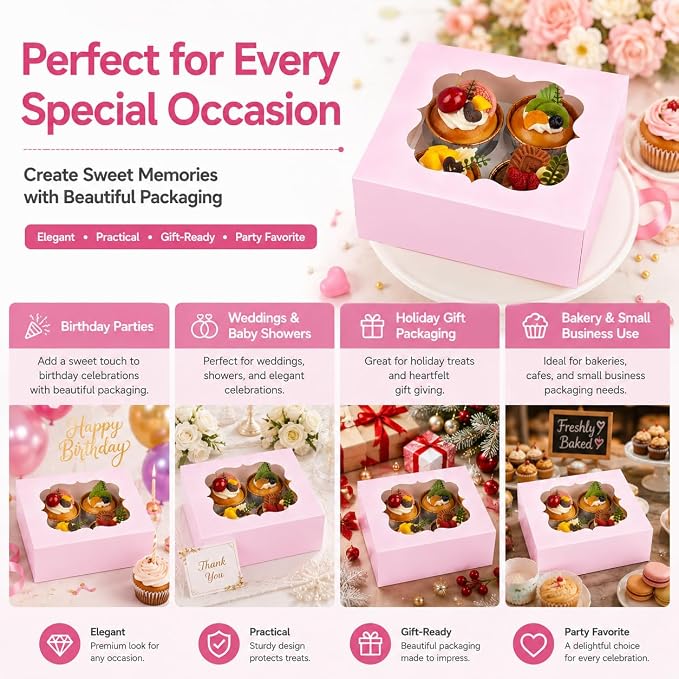 Cupcake Boxes with Window, 20 Pack 6.5x6.5x3 Inch Bakery Boxes for 4 Cupcakes, Muffins, Cookies & Pastries, Disposable Dessert Boxes with Insert Holder (Pink)