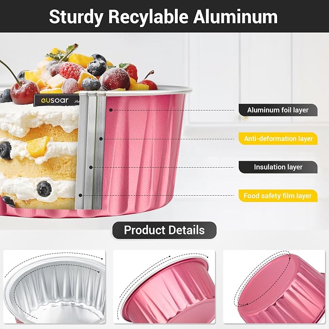 EUSOAR Disposable Ramekins with Lids, 5oz 100pcs Muffin Liners Cups Creme Brulee Foil Ramekins, Oven Safe Aluminum Cupcake Holders Baking Cups for Party Favor Birthday 5 Colors Mixed