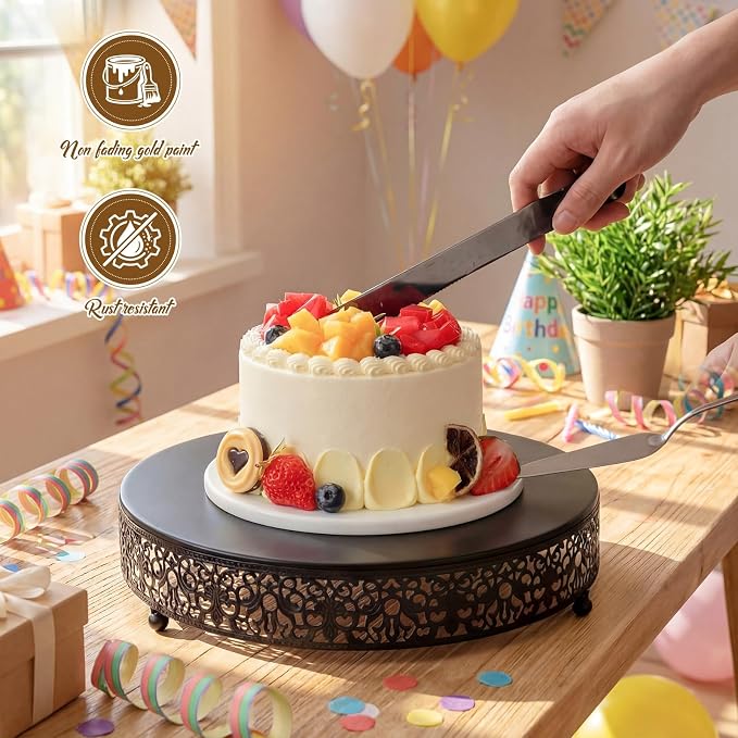 Wenqik 12 Inch Black Cake Stand Set Metal Round Cupcake Dessert Stand with Cake Cutting, Spatula Wedding Cupcake Pastry Display Candy Holder Display for Wedding Party Birthday Baby Shower(Classic)