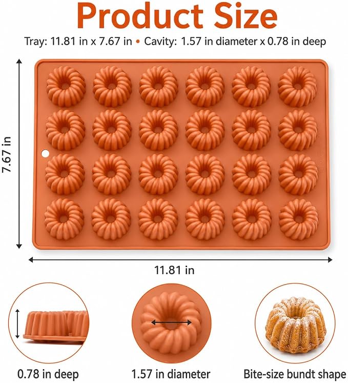 2 Pack Bundt Cake Silicone Mold, 48 Cavity Fluted Ring Baking Pan, Nonstick Buntz Mold for Chocolate, Jelly, Pudding, Ice Cubes, Donuts and Bite Size Cakes