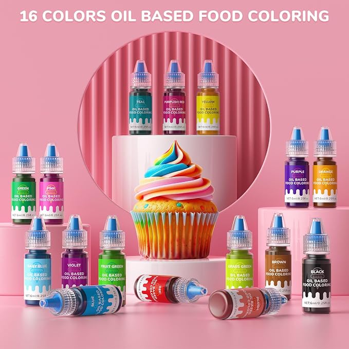 Oil-Based Food Coloring for Chocolate - 16 Colors Oils Dye Set Flavorless Edible Food Color Vibrant Neon Icing Colors for Candy Melts, Baking, Fondant, Icing, and Cake Decorating(0.25 fl.oz)