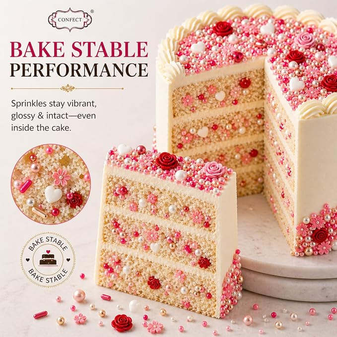Confect Sprinkle Pink Mini Roses & Lips I Silver Hearts & Vermcelli and White Pearls | Sprinkles for Baking & Cake Decorative | Baby Shower Sprinkles | Vegan, Gluten-Free, Nut-Free, Soy-Free, Dairy-Free , Handcrafted Sprinkle - 5 Oz