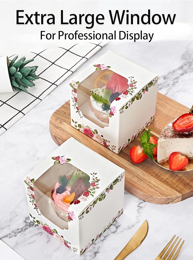 Happyhiram Individual Cupcake Boxes Roses Floral 50 Pcs, Mother's Day Flower Gift Boxes with Window for Mothers Day Packaging Treat Togo