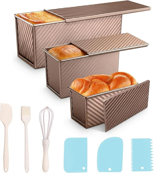3 Pack pullman loaf pan with lid: pullman loaf pan Non-Stick Carbon Steel Bread Pans for Homemade Sandwich, Sourdough & Artisan Breads – Corrugated Toast Molds with Lids for Kitchen Home Baking