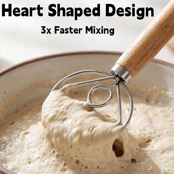 TEEVEA Danish Dough Whisk, Stainless Steel Wood Handle for Sourdough Bread | Dishwasher safe, non-stick, effortless mixing, dutch dough stirrer, for bread batter pastry, sourdough baking tool