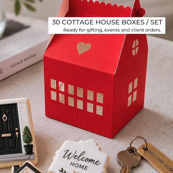 30 Pcs Cottage House Cookie Boxes with Window & Business Card Holder, Red, 4 x 4 x 6 in Bakery Gift Boxes for Treats, Desserts, Party Favors & Realtor Pop By Gifts
