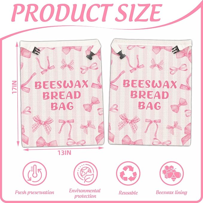 2 Pack Beeswax Bread Bag for Homemade Bread, Reusable Natural Beeswax Storage Bag, Pink Bow Decoration, Reusable Linen, Food Storage Cloth Bag with Buckle, Home Portable Supplies 13 * 17IN