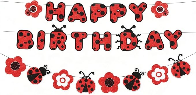 Zwiebeco Red Black Ladybug Happy Birthday Banner Bunting Hanging Paper Garland Party Decorations for Boys Girls Kids Baby Shower Insect Ladybird Themed Spring Garden Bday Decor Accessories Supplies