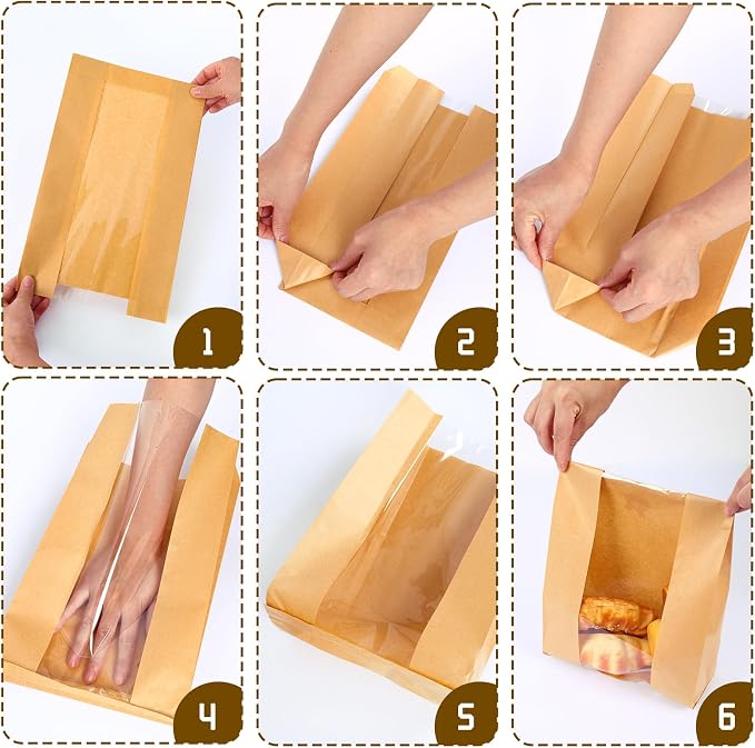 Moretoes Large Paper Bread Bags for Homemade Bread, 50Packs Sourdough Bread Bags with Window Includes Label Seal Stickers for Baked Food Packaging Storage (13.7x8.3x3.5 Inch), Brown