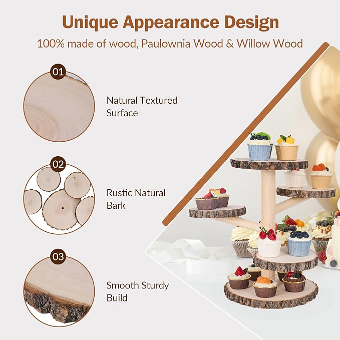GENMOUS Wooden Farmhouse Style Cake Stand, 5-Tired Wedding Cake Stand Wood & Display Serving Tray Platter, for Appetizers Desserts Charcuterie Board