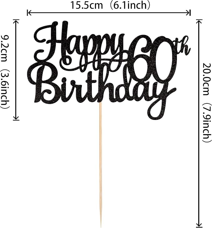 1 PCS Happy 60th Birthday Cake Topper Glitter Cheers to 60 Years Birthday Cake Pick 60 Fabulous Cake Decoration for Happy 60th Birthday Anniversary Party Decorations Supplies Black