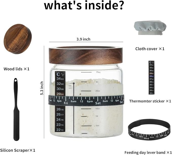 Wissy&Konny Sourdough Starter Jar 35OZ with Ounce Scale Line,Date Marked Feeding Band, Thermometer, Sourdough Jar Scraper, Cloth Cover & Wood Lid, Wide Mouth for Sourdough Bread Baking