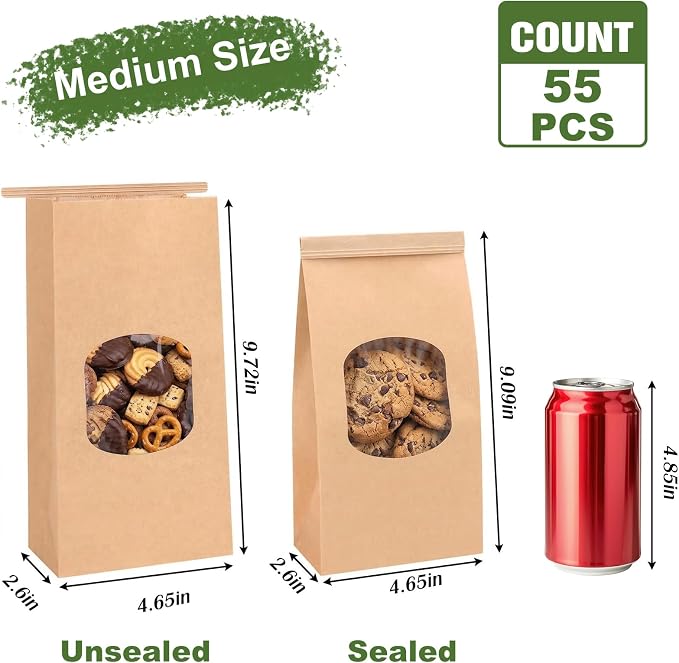 Moretoes Cookie Bags with Seal 55pcs 4.65x2.6x9.72in, Seal by Tin Tie Tab, Medium Brown Kraft Paper Bakery Bags with Window for Cookie Coffee Treat Bread Bagel Pastry Bakery Gift Giving Packing