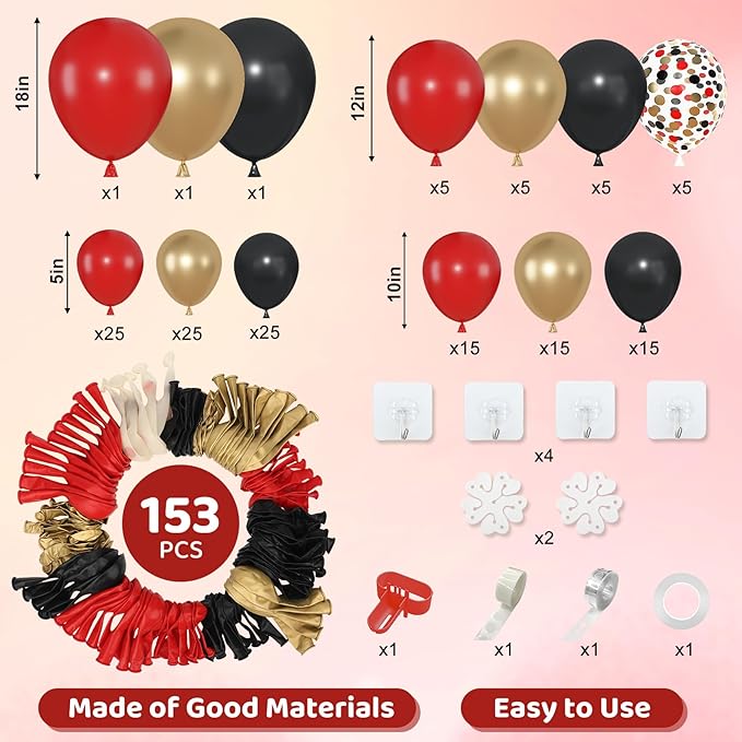 Amandir 153pcs Red Black Gold Balloon Garland Arch Kit, Different Sizes 18 12 10 5 inch Red Black Gold Latex Metallic Confetti Gold Balloons for Graduation Casino Theme Birthday Party Decoration