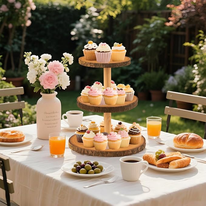 Rustic 3-Tier Wooden Cupcake Stand & Cake Tower – Natural Paulownia Wood Tiered Display for Weddings, Parties, Baby Showers, Holidays (Farmhouse Décor, Handcrafted Bark Design)