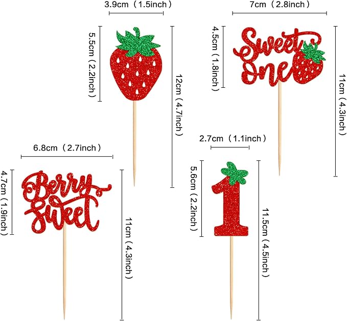 24pcs Glitter Red Strawberry Sweet One Cupcake Toppers Berry Sweet Strawberry Cupcake Picks for Kids Berry First Birthday 1st Wedding Anniversay Baby Shower Party Decoration Supplies