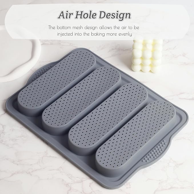 Baguette Bread Pan, Non-Stick Food Grade Silicone Bread Loaf Pan, 4 Cavity Perforated French Bread Baking Pan for Hoagie/Sub/Sandwich Rolls, Gray