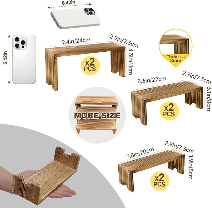 Yikaroeli 2 Set Small Display Riser Wood Risers Wooden Cupcake Display Stand,9.4"-7.8" Graduated Sizes,3Tiered 6Pcs Display Racks Dessert Food Stands