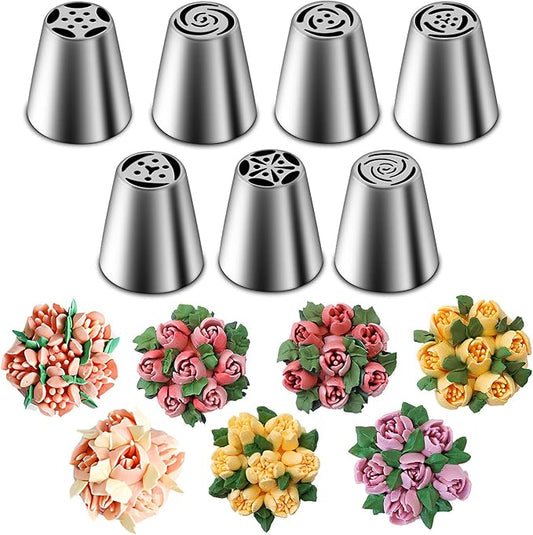 Suuker Russian Piping Tips Set, 7 Pieces | Stainless Steel, Cupcake Flower Shaped Frosting Nozzle Kit, For Pastry Cupcakes Cakes Cookies Decorating