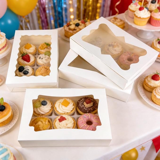 MUMULULU White Bakery Boxes with Window Cookie Boxes Treat Boxes for Desserts Cupcakes Muffins Donut Chocolate Strawberry (24PCS 12×8×2.5)