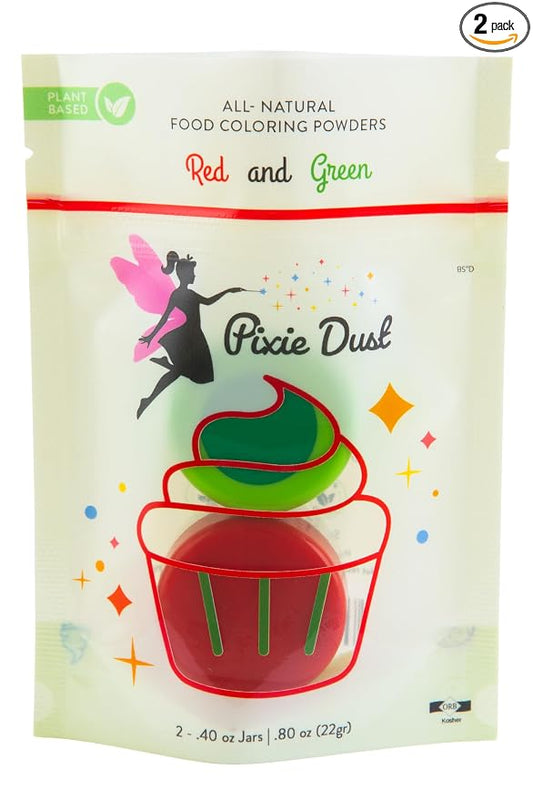 All Natural Red and Dark Green Food Coloring Powders Set | Perfect for cake decorating, cookie Frosting, Icing & Drinks | Dye Free, Plant-Based, Kosher, Flavorless | No Carmine, No Annatto | By Pixie Dust | 2 Jars (0.40 oz / 11g Each) 22gr Total