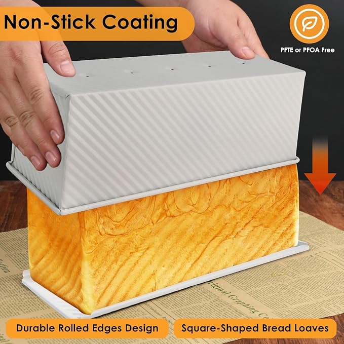 2-Pack Beige Pullman Loaf Pan with Lid, Long Nonstick Bread Pan for Toast & Sandwich Bread, Cream White Nonstick Loaf Pan, 3 Vented Holes & Ridged Design, Great for Baking Lovers and Home Use