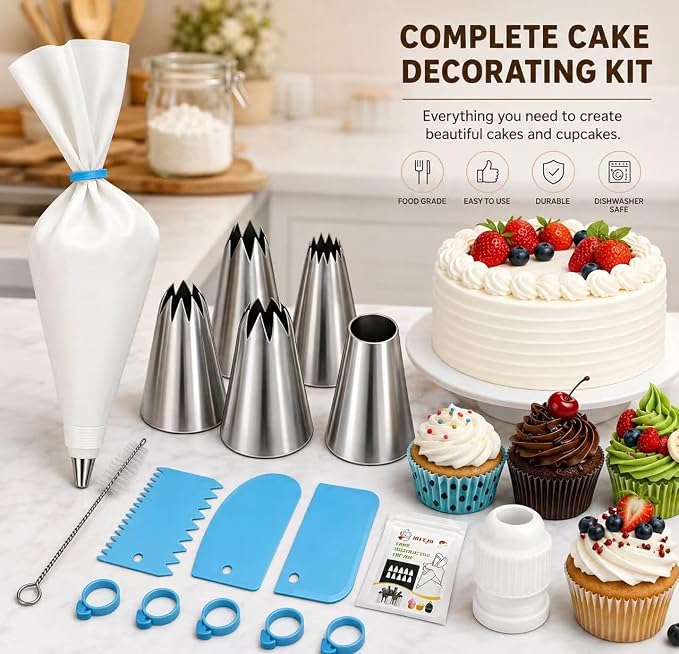 17 Pcs Reusable Piping Bags and Tips Set, Professional Cake Decorating Supplies with Standard Couplers and Silicone Rings, Frosting Baking Tools for Cupcake and Cookie Icing Decoration
