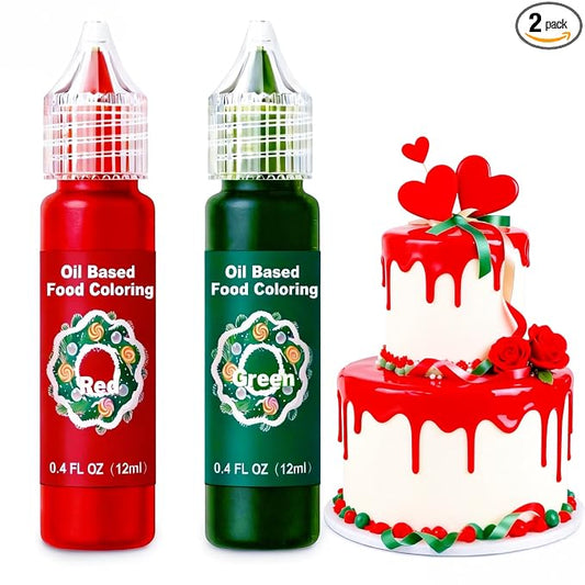 Oil Based Food Coloring for Chocolate - 2 Vibrant Valentine‘s Day Food Colors (Red, Green - 12ml (0.4floz) Bottles - Edible Dye for Baking, Cookies, Frosting & Cake Decorating - Non-GMO,Vegan