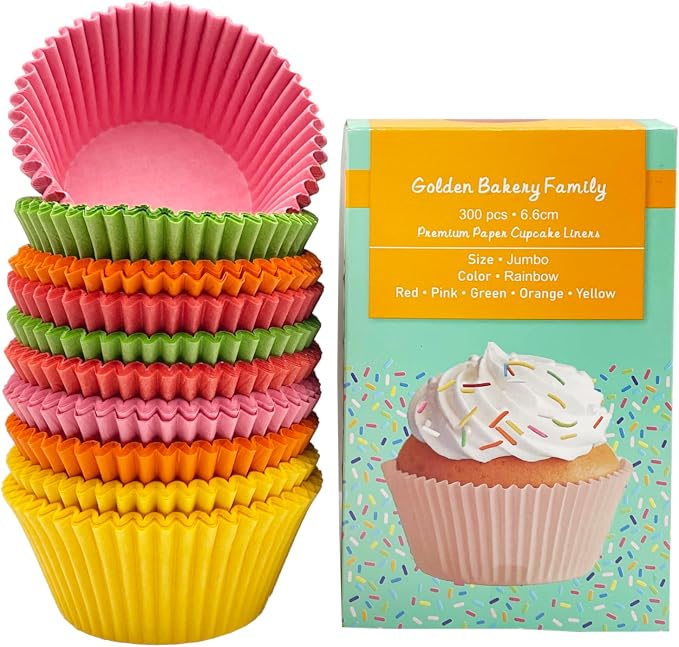 Jumbo Cupcake Liners 300 pcs Rainbow Muffin Liners No Smell,Food&Grade,Greaseproof Paper Baking Cups, Cupcake Wrappers for Party,Christmas by GoldenBakeryFamily