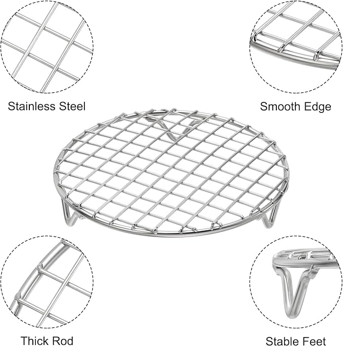 uxcell 2 Pcs Round Cooking Rack with Legs, Dia 6.5 Inch 304 Stainless Steel Barbecue Grill for Cooking Baking Barbecue Air Fryer Racks, Silver