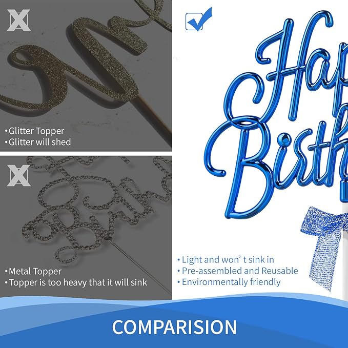 Royal Blue Happy Birthday Cake Topper Plastic - 3D Double Sided Cursive Happy Birthday Sign for Cake with Bow, Idea for Cake Decoration (ROYAL BLUE)