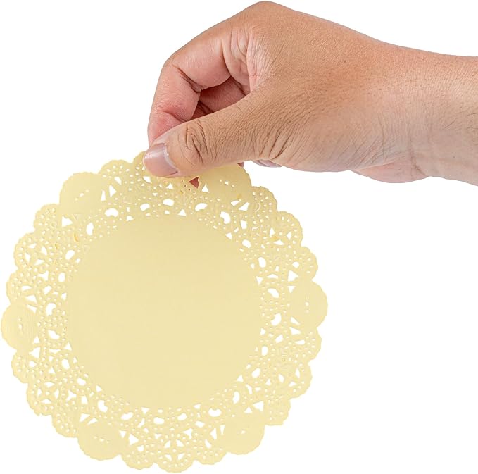 Pastry Tek 6 x 6 Inch Paper Lace Doilies, 100 Disposable Table Doilies - Elegant Lace Finish, Long Lasting, Yellow Paper Doily, for Pastries, Cupcakes, Desserts - Restaurantware