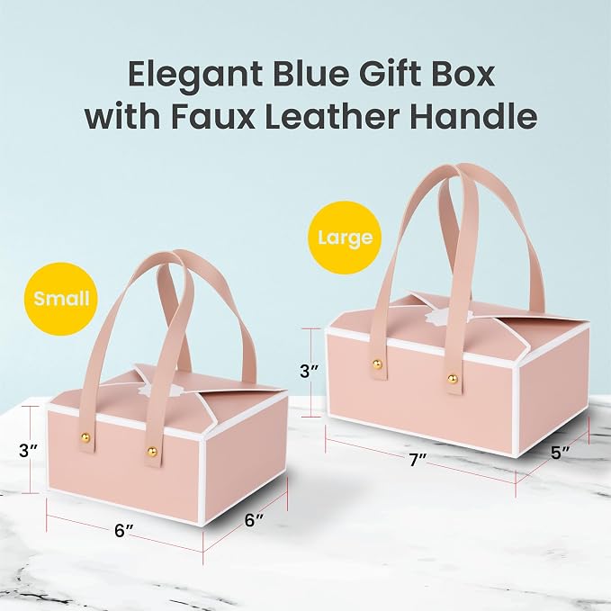 Hammont Cookie Boxes for Gift Giving - 4 Pack of Bakery Boxes, Easy to Assemble Decorative Cardboard Luxury Box with Faux Leather Handle Jewelry, Chocolate and Candy 5x7x3 Inches (Pink) (HM1781)