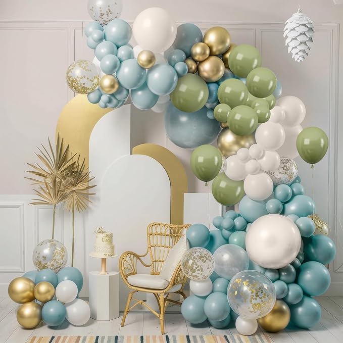 Dusty Blue Green Balloon Garland Kit, Slate Blue Haze Fog Blue Sage Green Beige Gold Balloon Arch Kit, Pastel Olive Green Retro Blue Balloons Arch for Birthday Boho Bridal Shower Wedding Decorations