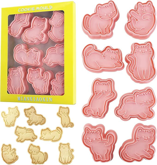 Cute Cat Cookie Cutters 8 Pcs Cartoon Kitty Shape Pancake Pastry Molds Baking Tools for Cat Birthday Party Decorations (Kitty B)