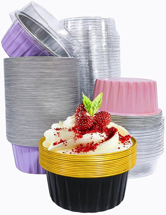 50PCS Mixed color Disposable Ramekins with lids,5oz Aluminium Foil Baking Cups Creme Brulee Mini cake pans, Cheesecake Pans Flan Molds Tin Cups Containers for Party (Mixed color with Lids 50PCS)