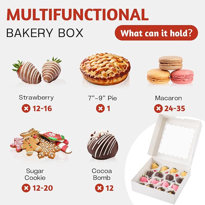 ZORRITA Pie Boxes with Window, 9" x 9" x 2.5", 20 Pack, White | Auto Pop-up, Bakery Boxes, For Chocolate Covered Strawberry, Cookies, Treats, Pastry, Donuts, Muffins