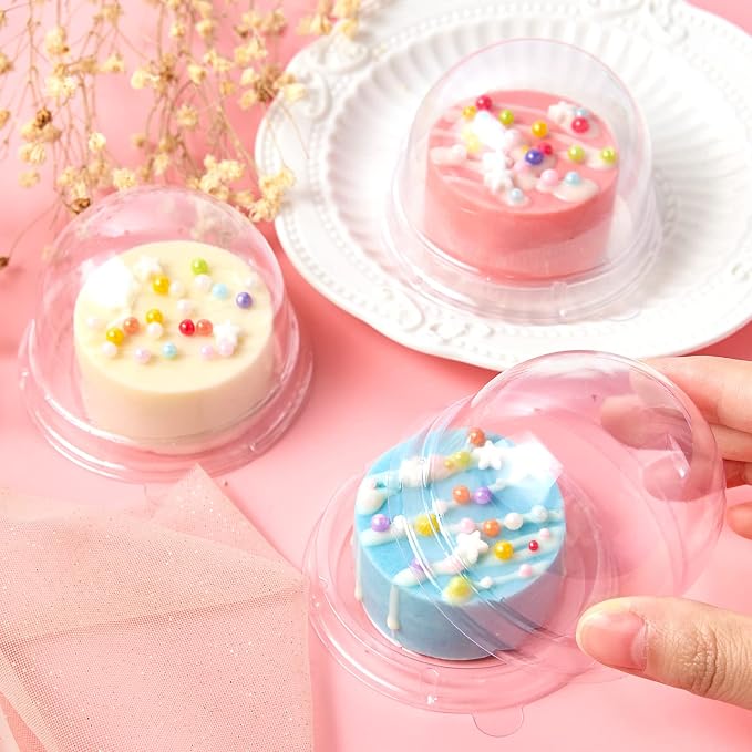 TOFLEN Mini Dessert Containers with Dome Lids, 100Pcs Clear Plastic Individual Ore Cookie holder, Small Cake Box for Mini Cupcake, Cocoa Bomb, Strawberry, Cheesecake and Mooncake (Clear Base)
