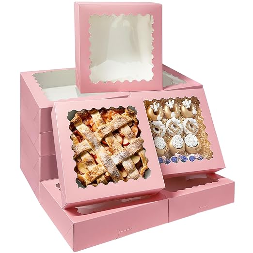 Bakepacker 20pcs Pink Pie Boxes 12x12x3 inches Easy Assemble Macaroon Cookie Boxes Bakery Boxes with Window for Bakery (Auto-pop Up)