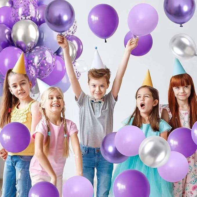 144Pcs Purple Silver Balloon Arch Garland Kit, 18/12/10/5 Inch Lavender Latex Metallic Confetti Silver Balloon Garland For Birthday Wedding Anniversary Graduation Engagement Baby shower Decorations